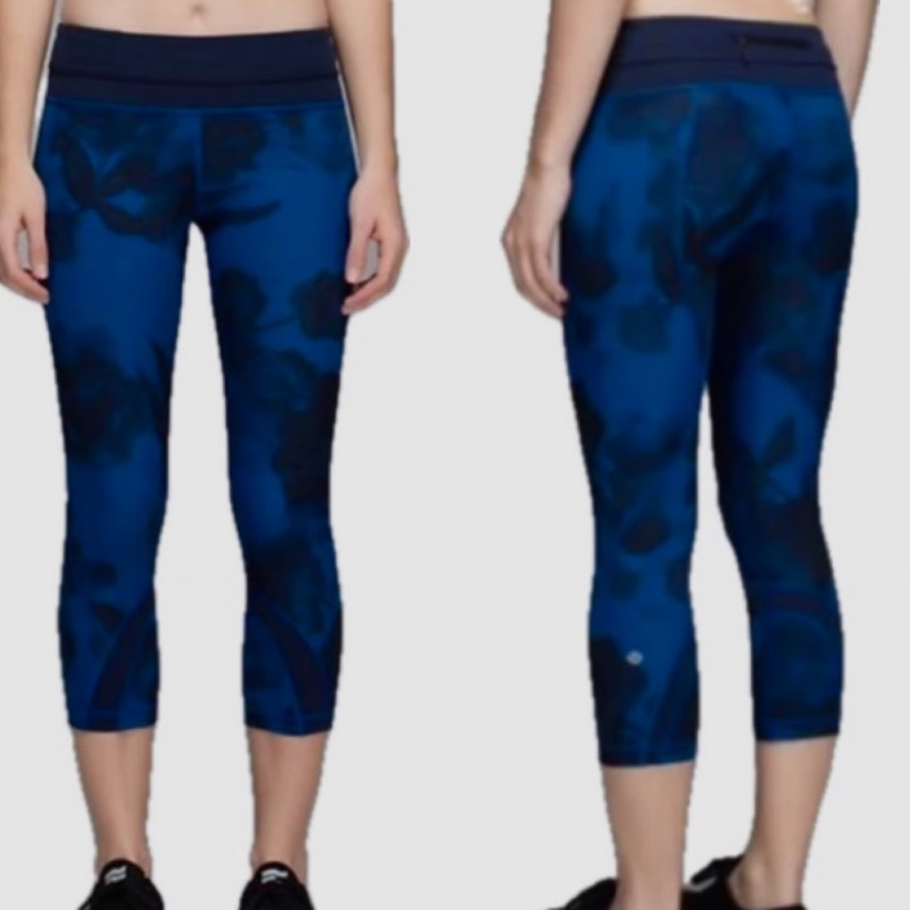 Lululemon run inspire crop Leggings jumbo inky blue floral 6